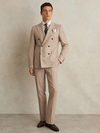 Reiss Sale - Slim-Fit Wool-Blend Double-Breasted Suit Blazer in Oatmeal Brown