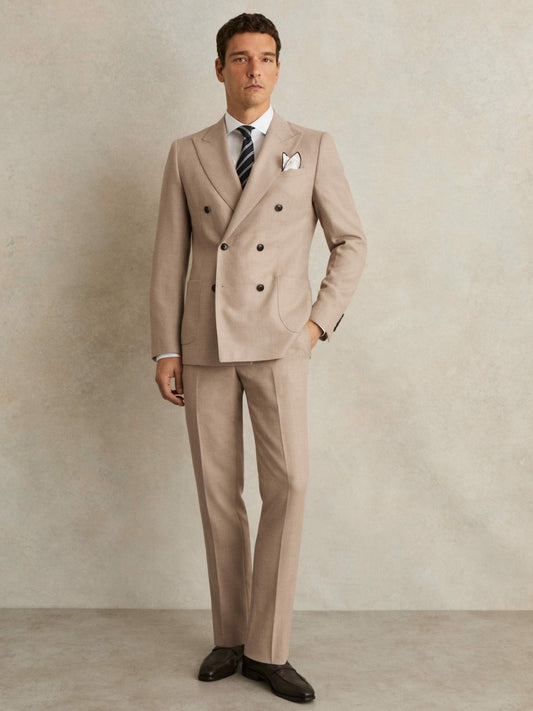 Reiss Sale - Slim-Fit Wool-Blend Double-Breasted Suit Blazer in Oatmeal Brown