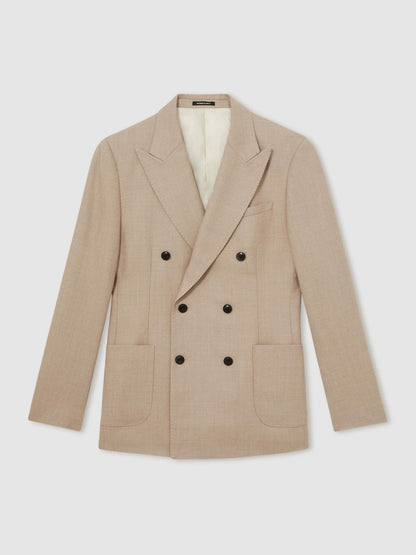 Reiss Sale - Slim-Fit Wool-Blend Double-Breasted Suit Blazer in Oatmeal Brown