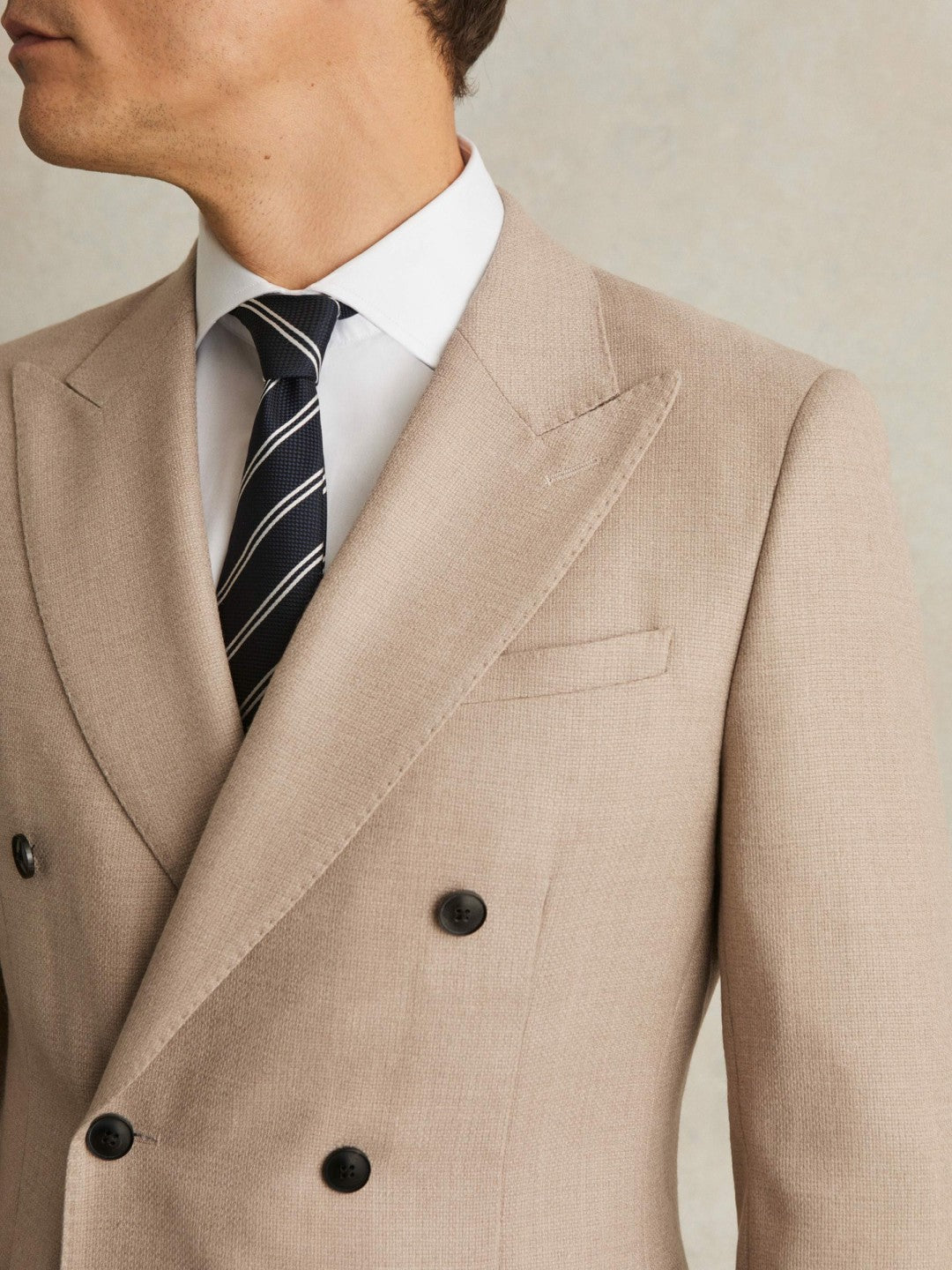 Reiss Sale - Slim-Fit Wool-Blend Double-Breasted Suit Blazer in Oatmeal Brown