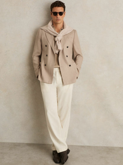 Reiss Sale - Slim-Fit Wool-Blend Double-Breasted Suit Blazer in Oatmeal Brown