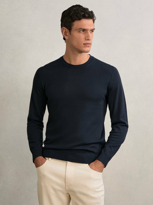 Reiss Featured - Merino Wool Crew Neck Jumper in Midnight Navy