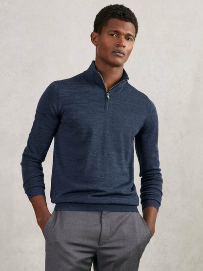 Reiss Best Seller - Merino Wool Half-Zip Jumper in Denim Jaspe