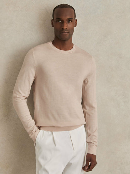 Reiss Savings - Merino-Wool Crew-Neck Jumper in Beige