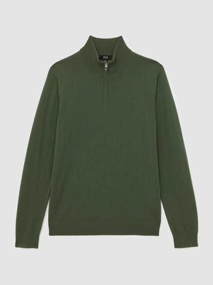 Reiss Affordable - Merino Wool Half-Zip Jumper in Kale Green