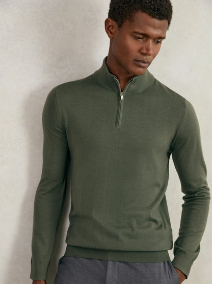 Reiss Affordable - Merino Wool Half-Zip Jumper in Kale Green