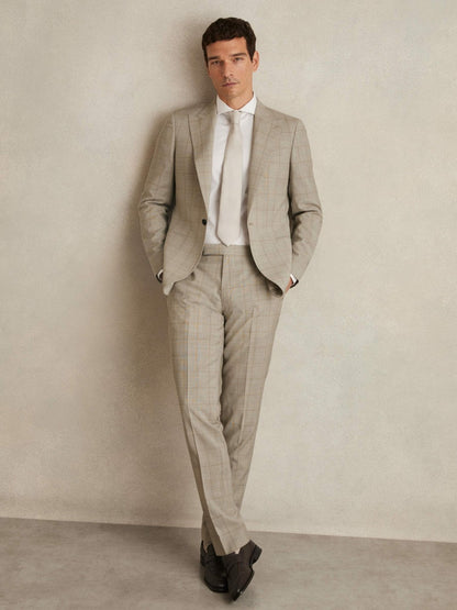 Reiss Affordable - Slim-Fit Wool Check Suit Trousers in Oatmeal Brown