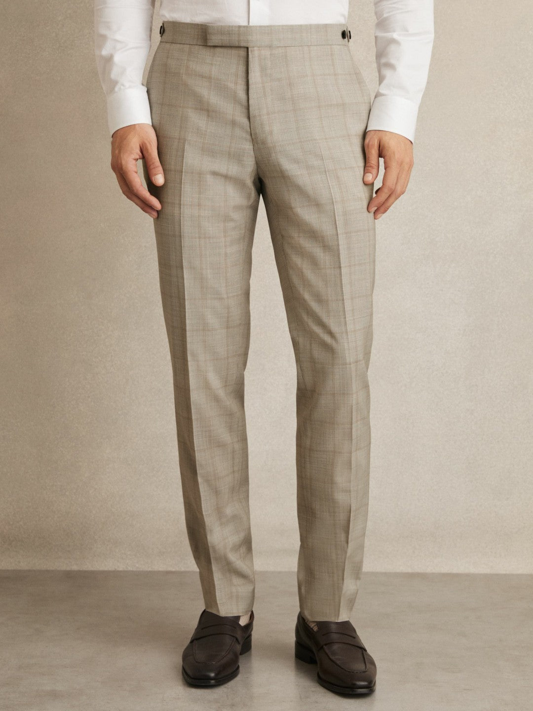 Reiss Affordable - Slim-Fit Wool Check Suit Trousers in Oatmeal Brown