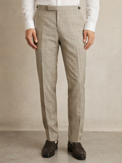 Reiss Affordable - Slim-Fit Wool Check Suit Trousers in Oatmeal Brown