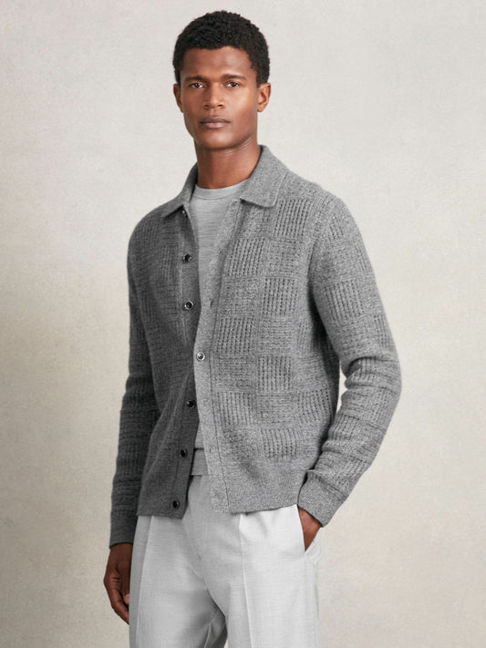 Reiss Affordable - Wool Button Through Pointelle Shirt in Mid Grey