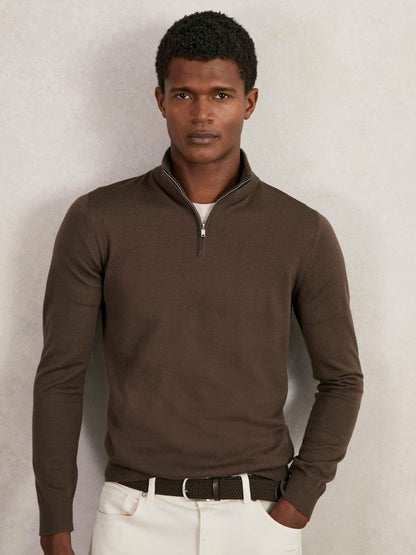 Reiss Deal - Merino Wool Half-Zip Jumper in Chocolate Brown