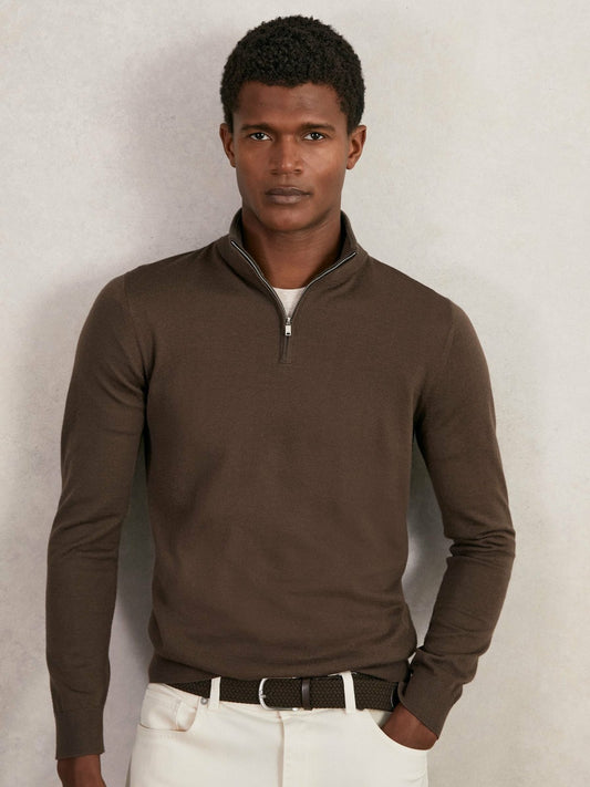 Reiss Deal - Merino Wool Half-Zip Jumper in Chocolate Brown