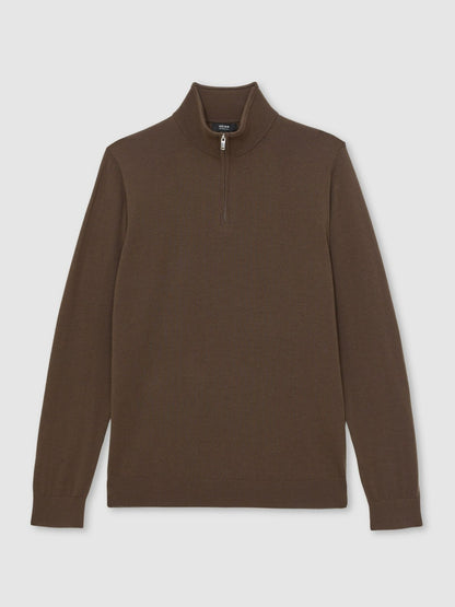 Reiss Deal - Merino Wool Half-Zip Jumper in Chocolate Brown