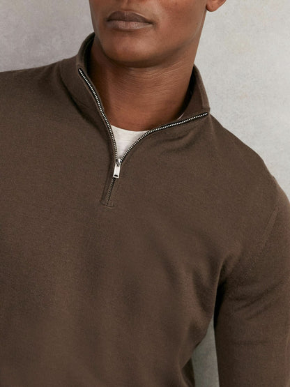 Reiss Deal - Merino Wool Half-Zip Jumper in Chocolate Brown