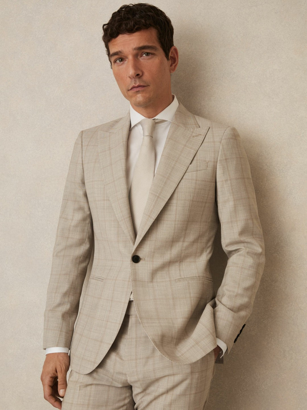 Reiss Value - Slim-Fit Single-Breasted Wool Check Suit Blazer in Oatmeal Brown