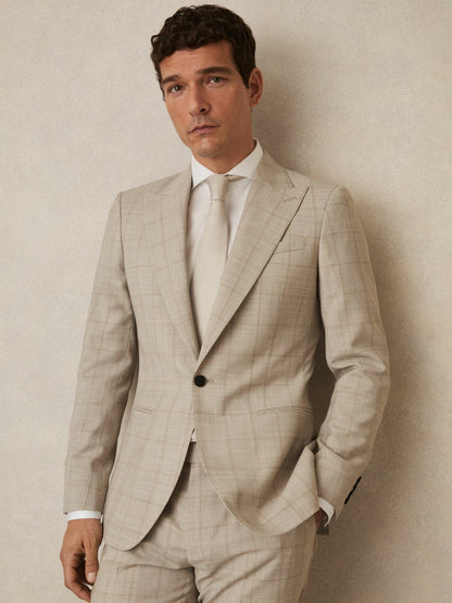 Reiss Value - Slim-Fit Single-Breasted Wool Check Suit Blazer in Oatmeal Brown