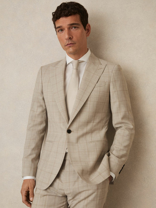 Reiss Value - Slim-Fit Single-Breasted Wool Check Suit Blazer in Oatmeal Brown