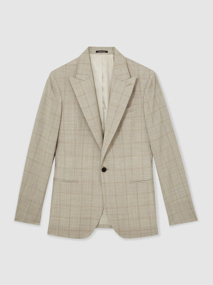 Reiss Value - Slim-Fit Single-Breasted Wool Check Suit Blazer in Oatmeal Brown