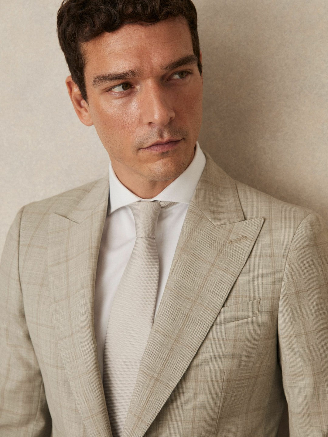 Reiss Value - Slim-Fit Single-Breasted Wool Check Suit Blazer in Oatmeal Brown