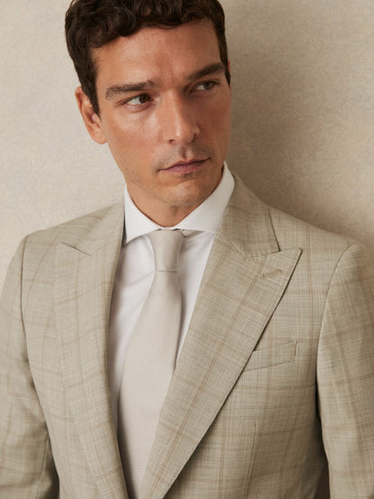 Reiss Value - Slim-Fit Single-Breasted Wool Check Suit Blazer in Oatmeal Brown