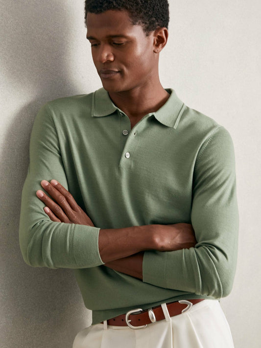 Reiss Savings - Merino Wool Long-Sleeve Polo Shirt in Harper Green