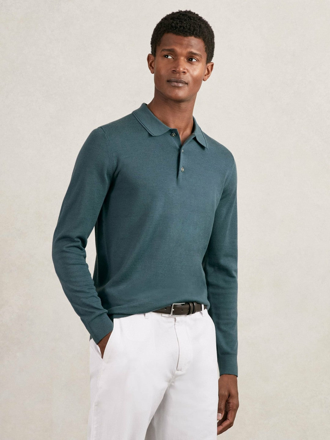 Reiss Popular Choice - Merino Wool Long-Sleeve Polo Shirt in Orion Blue