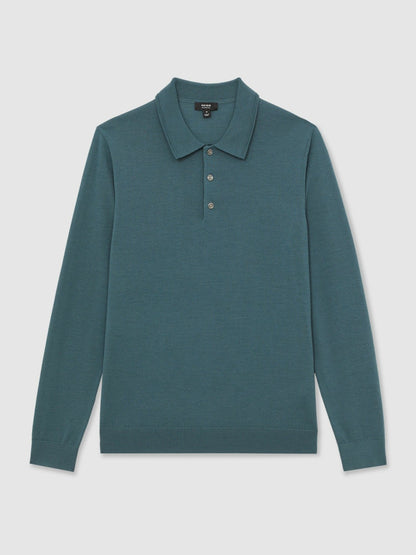 Reiss Popular Choice - Merino Wool Long-Sleeve Polo Shirt in Orion Blue