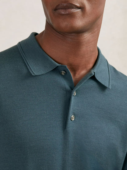 Reiss Popular Choice - Merino Wool Long-Sleeve Polo Shirt in Orion Blue