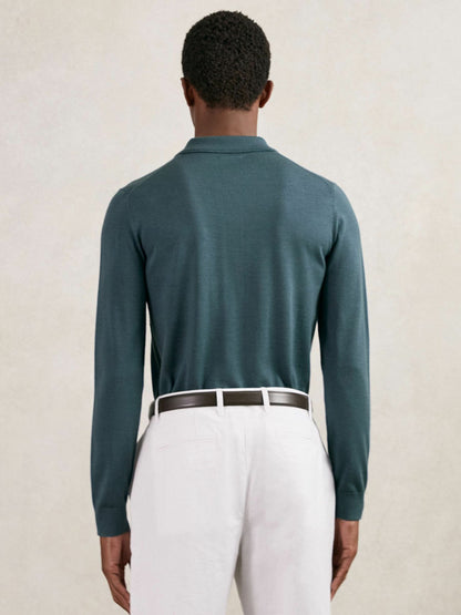 Reiss Popular Choice - Merino Wool Long-Sleeve Polo Shirt in Orion Blue