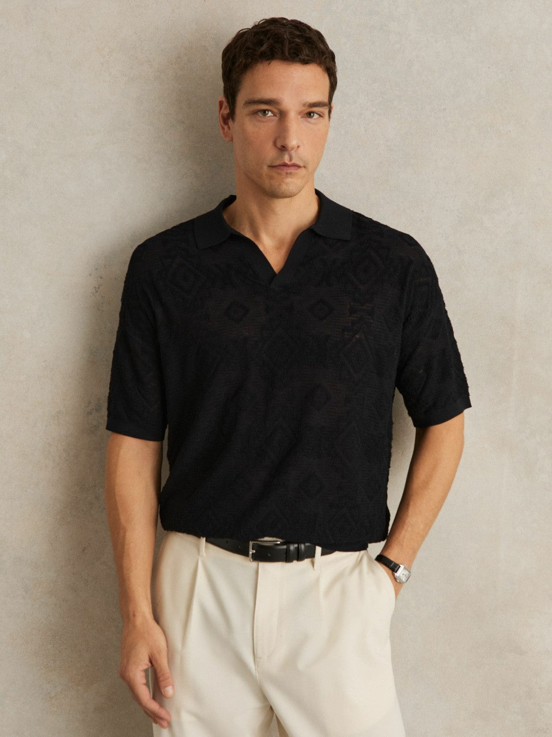 Reiss Sale - Jacquard Loop-Stitch Polo Shirt in Navy