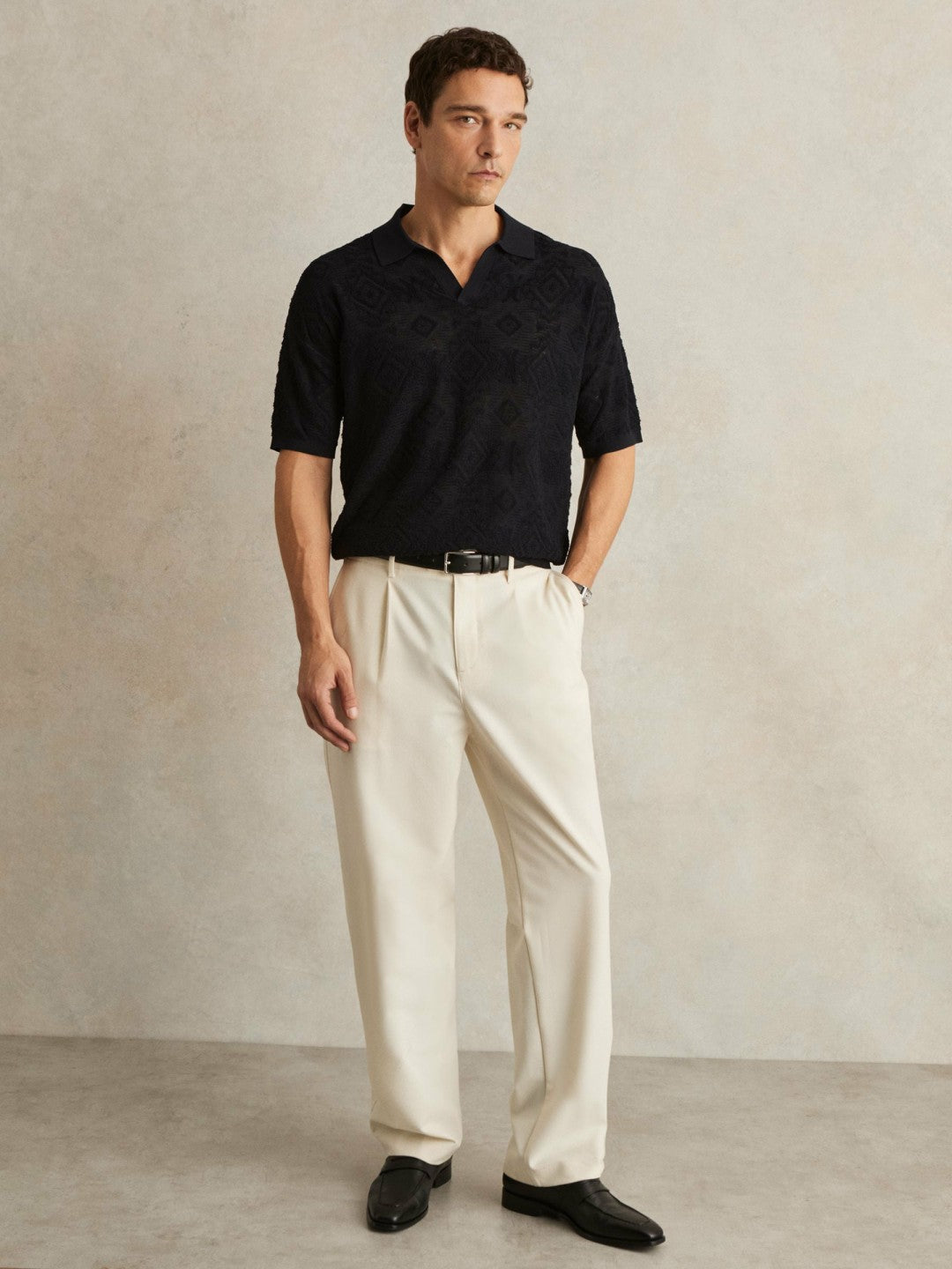 Reiss Sale - Jacquard Loop-Stitch Polo Shirt in Navy