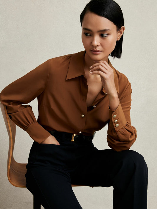 Reiss Offer - Silk Embossed-Button Shirt in Tan Brown