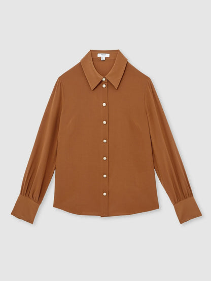 Reiss Offer - Silk Embossed-Button Shirt in Tan Brown