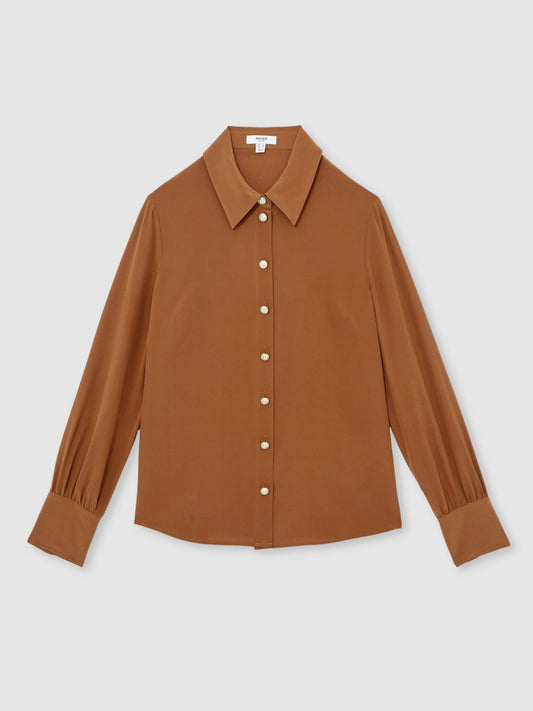 Reiss Silk Embossed-Button Shirt in Tan Brown