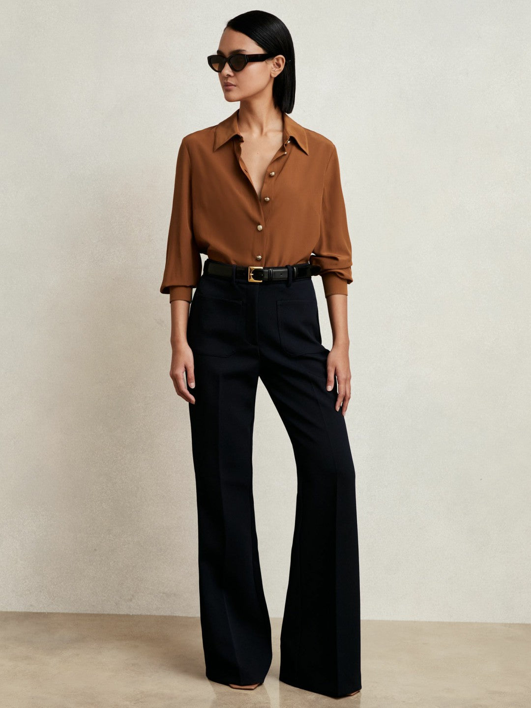 Reiss Offer - Silk Embossed-Button Shirt in Tan Brown
