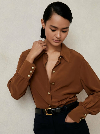 Reiss Offer - Silk Embossed-Button Shirt in Tan Brown