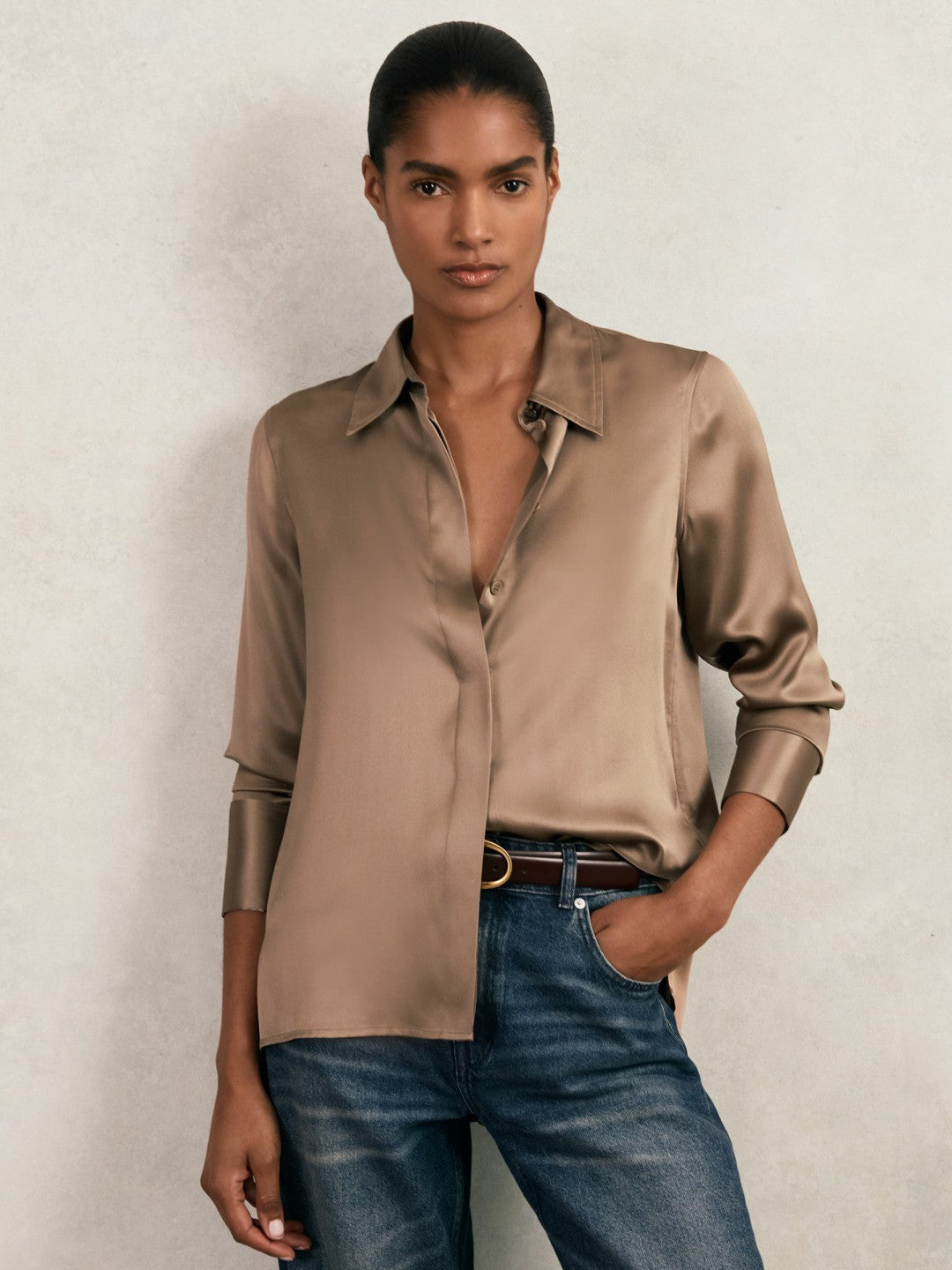 Reiss Silk-Satin Concealed-Placket Shirt in Taupe Brown