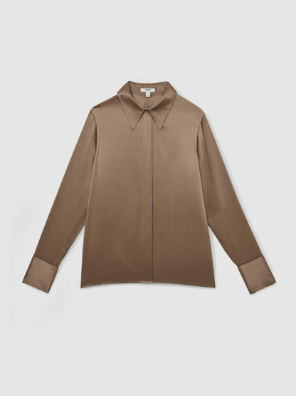 Reiss Silk-Satin Concealed-Placket Shirt in Taupe Brown