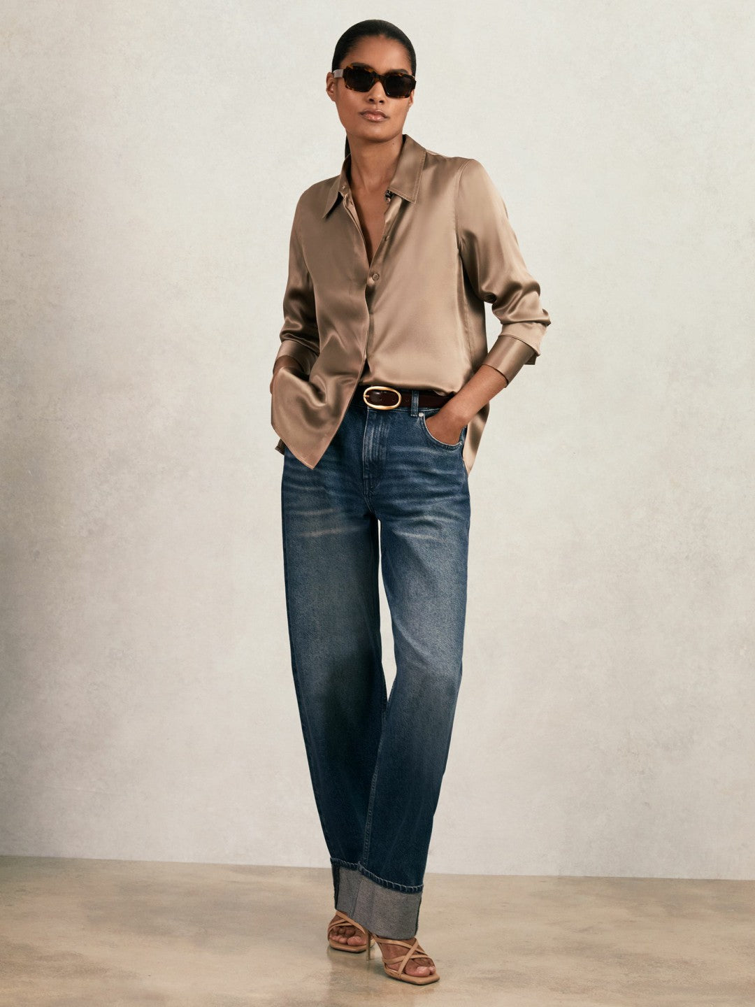 Reiss Silk-Satin Concealed-Placket Shirt in Taupe Brown