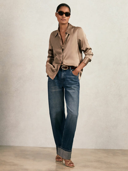 Reiss Silk-Satin Concealed-Placket Shirt in Taupe Brown