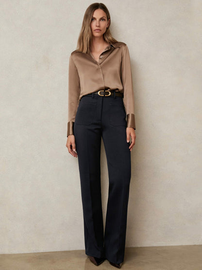 Reiss Silk-Satin Concealed-Placket Shirt in Taupe Brown