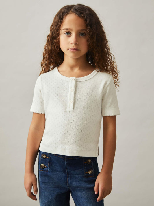 Reiss Offer - 3-9 yrs Cotton Pointelle Button T-Shirt in Ivory