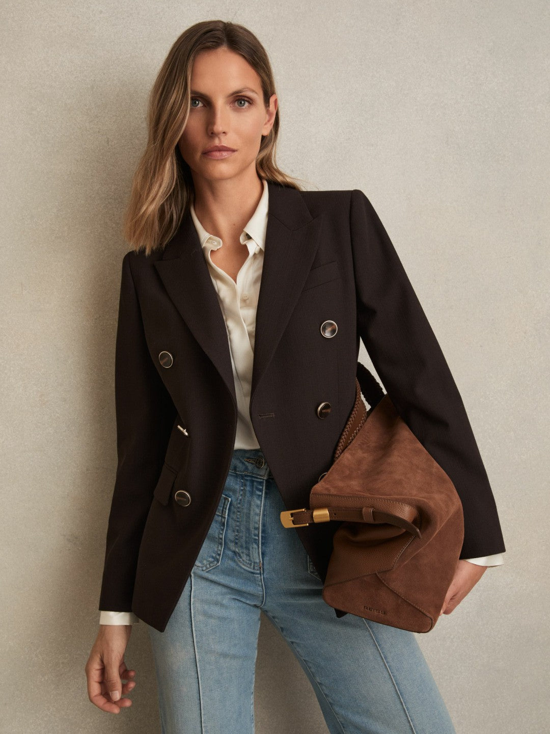 Reiss Sale - Wool-Blend Double-Breasted Blazer in Chocolate Brown