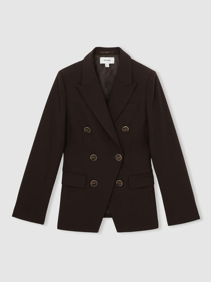 Reiss Sale - Wool-Blend Double-Breasted Blazer in Chocolate Brown