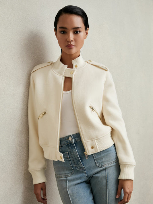 Reiss Offer - Brushed Wool Epaulette Bomber Jacket in Cream