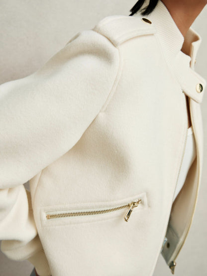 Reiss Offer - Brushed Wool Epaulette Bomber Jacket in Cream