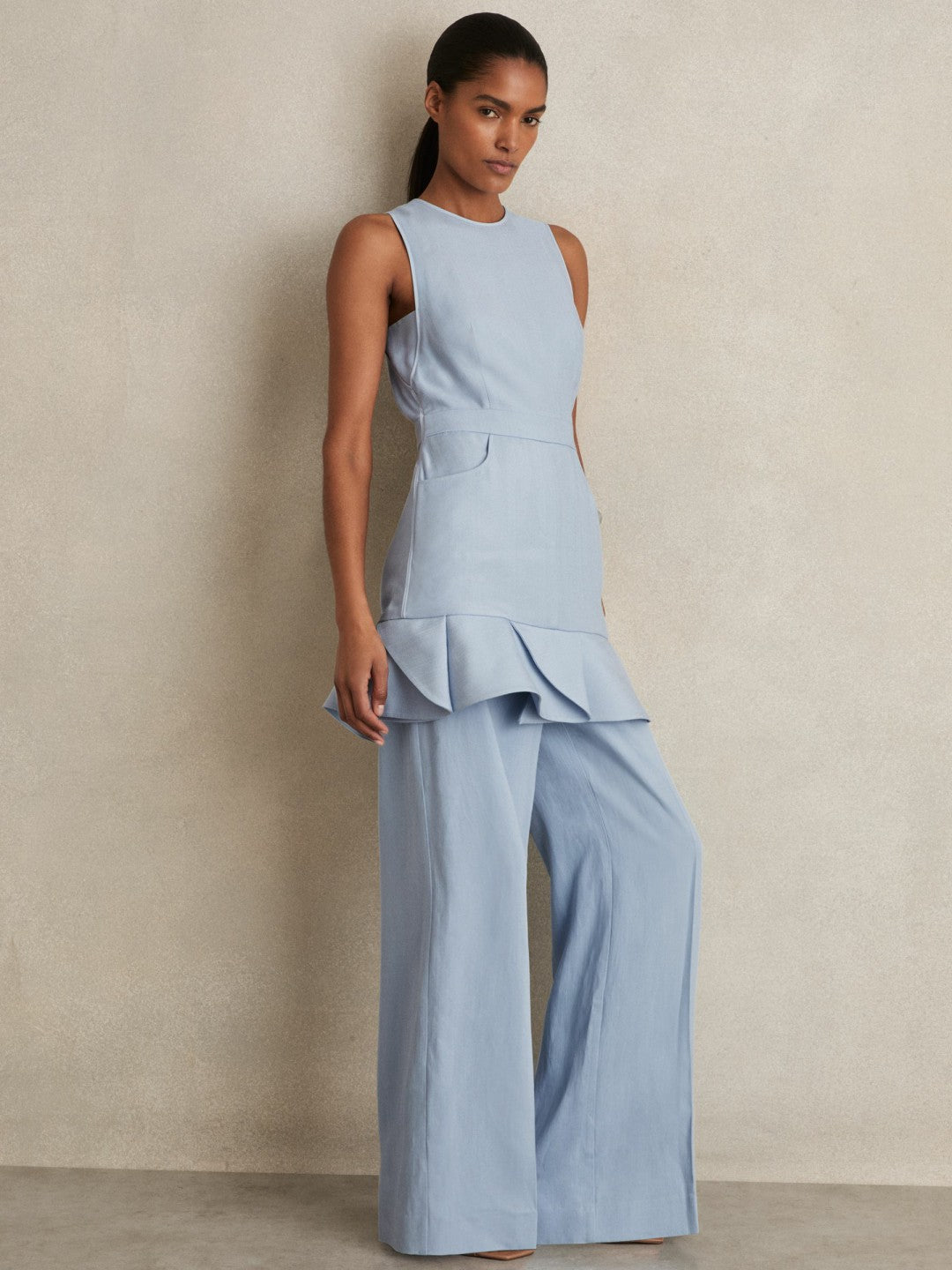 Reiss Structured Ruffle-Hem Mini Dress in Blue