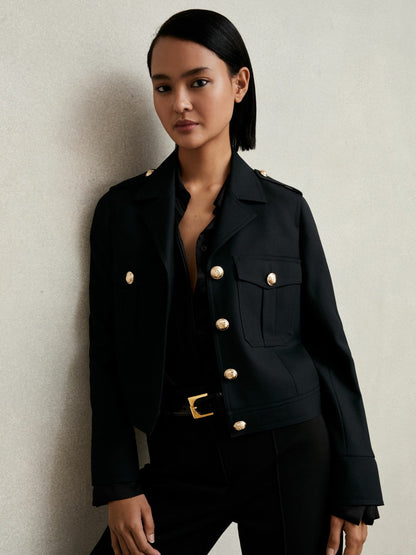 Reiss Offer - Wool Twin-Pocket Cropped Jacket in Black