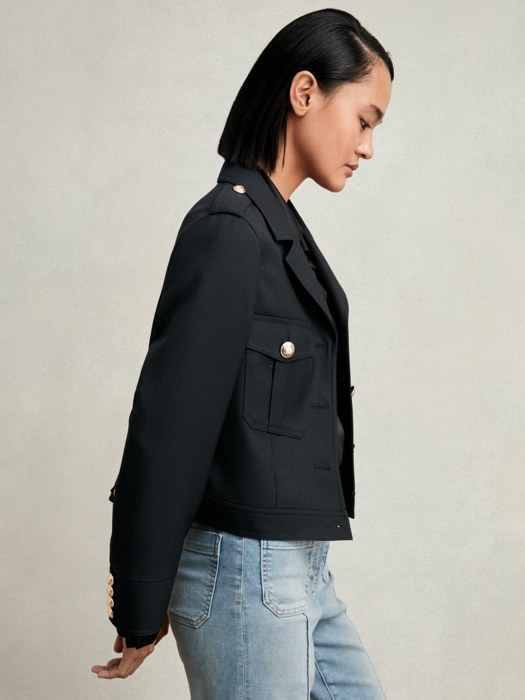 Reiss Offer - Wool Twin-Pocket Cropped Jacket in Black