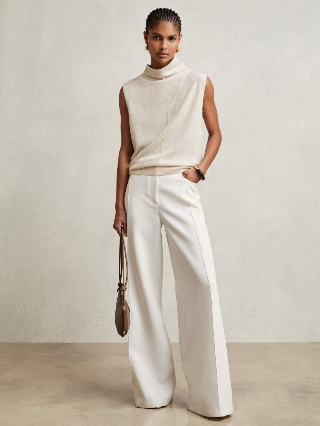 Reiss Wool Slouched Sleeveless Top in Stone Neutral